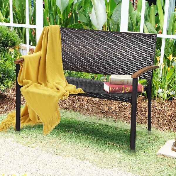 Gymax Patio Wicker Bench All Weather Rattan Chair Loveseat w/ Acacia