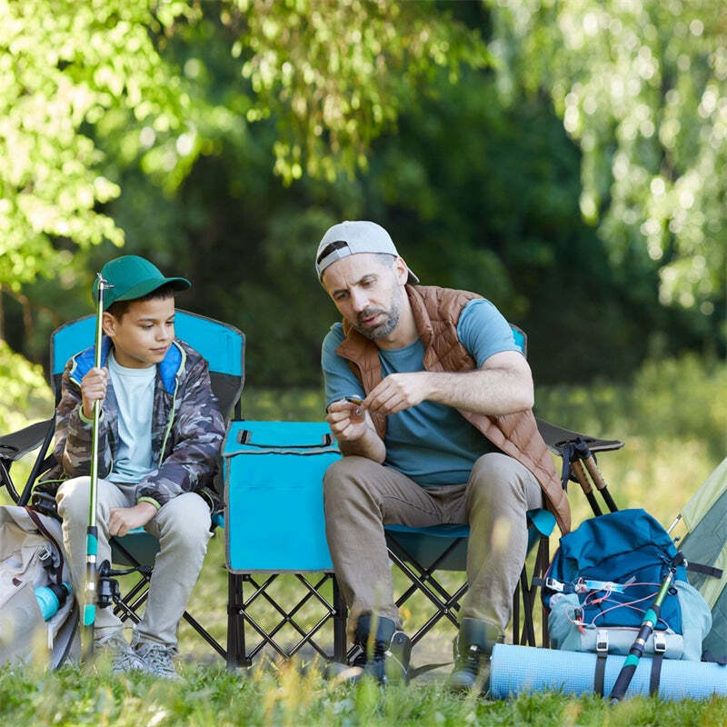 OutdoorMaster Double Camping Chair with Detachable Sunshade Canopy, Portable Folding Design, Cup Holders, and Storage Bag for Beach & Backyard