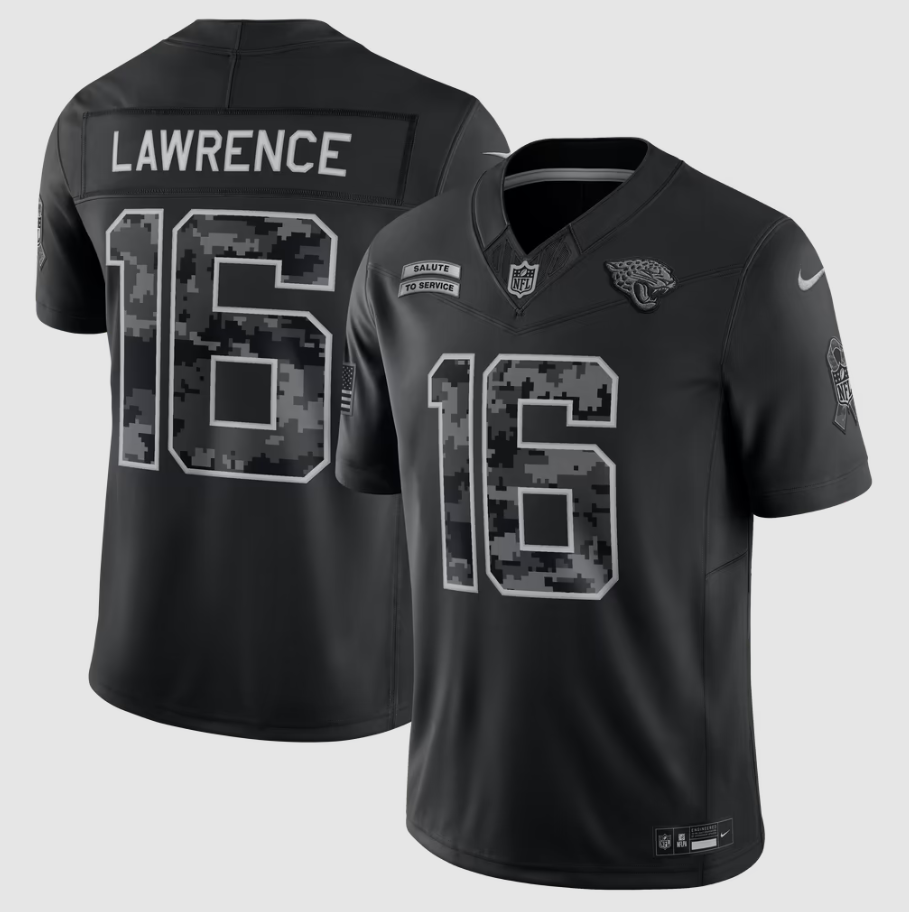 Men's Jacksonville Jaguars Trevor Lawrence #16 Black 2026 Salute to Service Stitched Limited Jersey