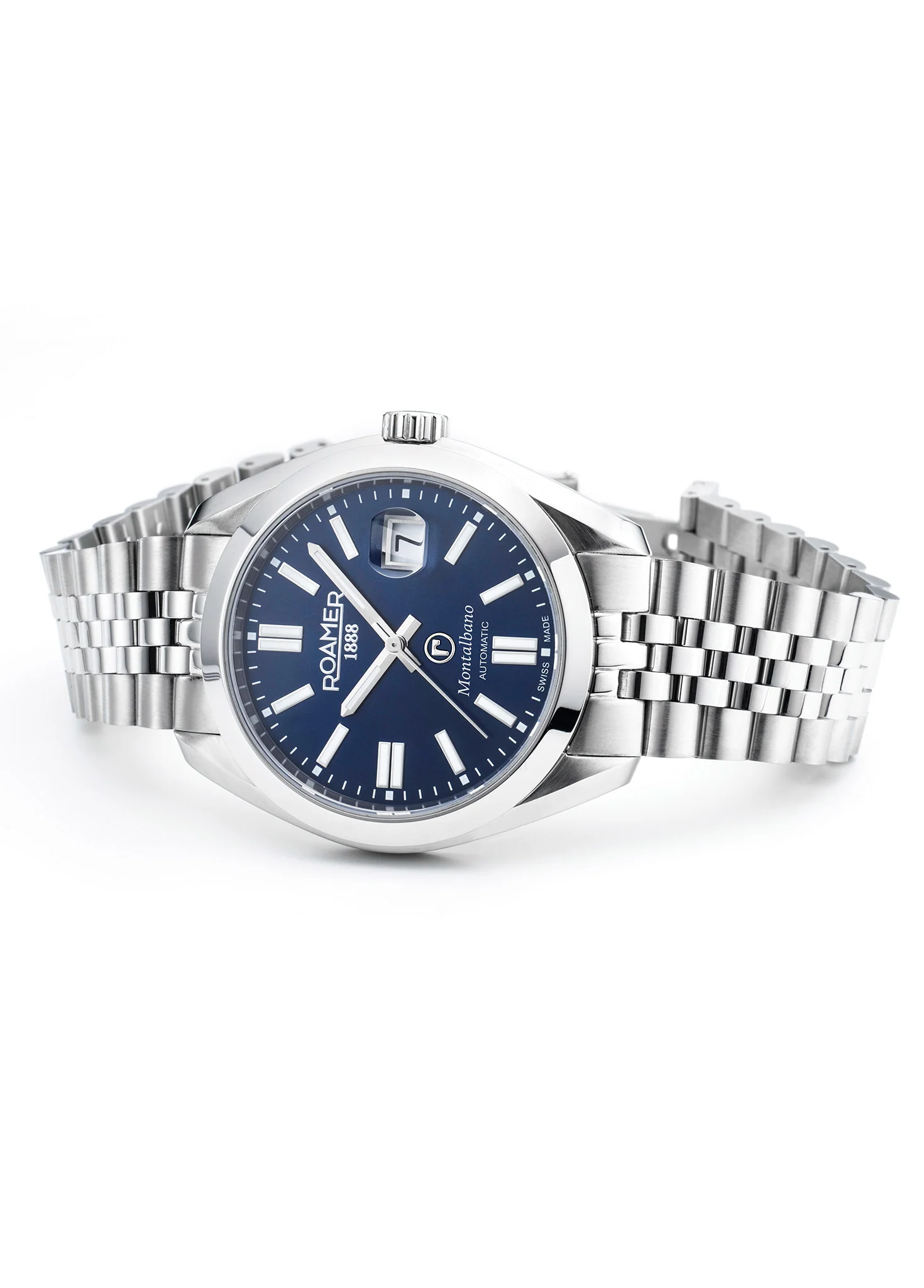 Montalbano Gents 41.5mm Automatic Three-Hand Date Blue Sunray Dial Silver Bracelet Sapphire glass Stainless Steel swiss watch