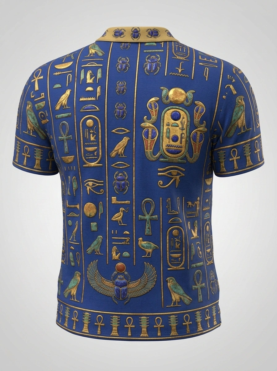 Moisture Wicking Golf Polo 3D Blue Gold Egyptian Hieroglyphic Button Short Sleeve Golf Polo Shirt