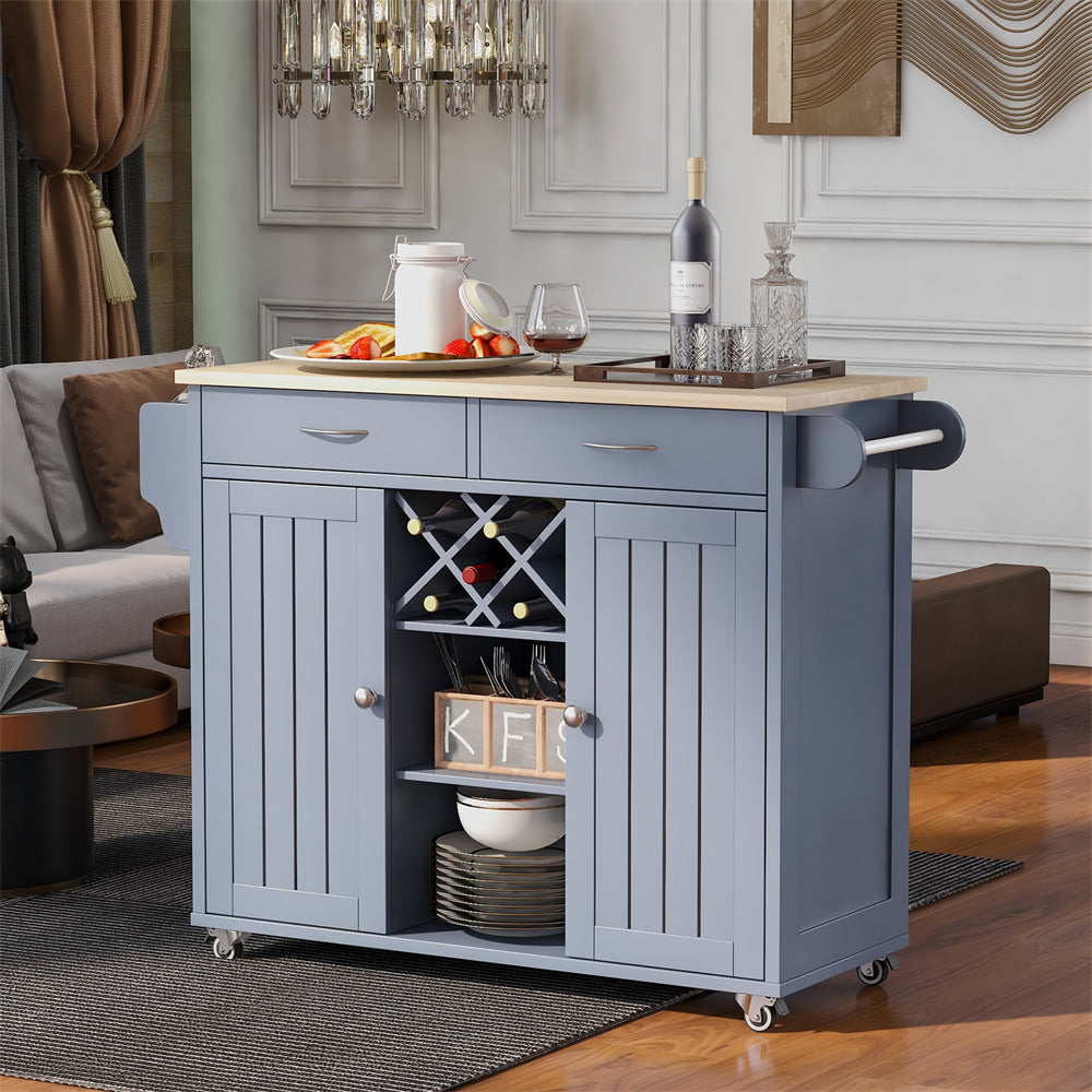 Modern Rolling Mobile Kitchen Island Cart with Wine Rack, 2 Storage Cabinets, Towel Rack and 2 Drawers, Kitchen Island Cart with 4 Locking Wheels for Kitchen, Dining Room and Hallway, Grey Blue