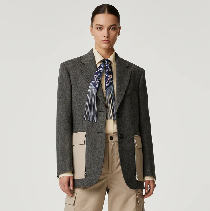 Hermès Les Clés à Pois Leather Fringes Twilly Bleu Marine/Gris Argent Silk