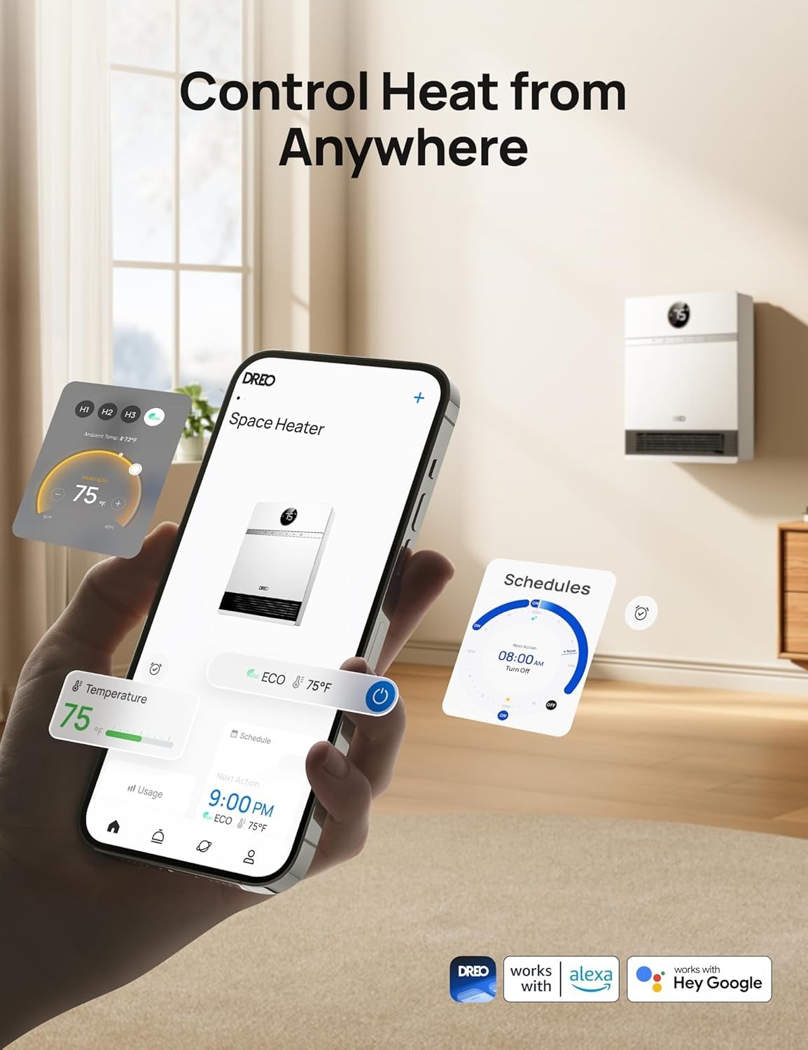 1500W Smart Wall Mounted Heater, IP24 Bathroom Safe Electric Heater with ALCI Plug & Remote