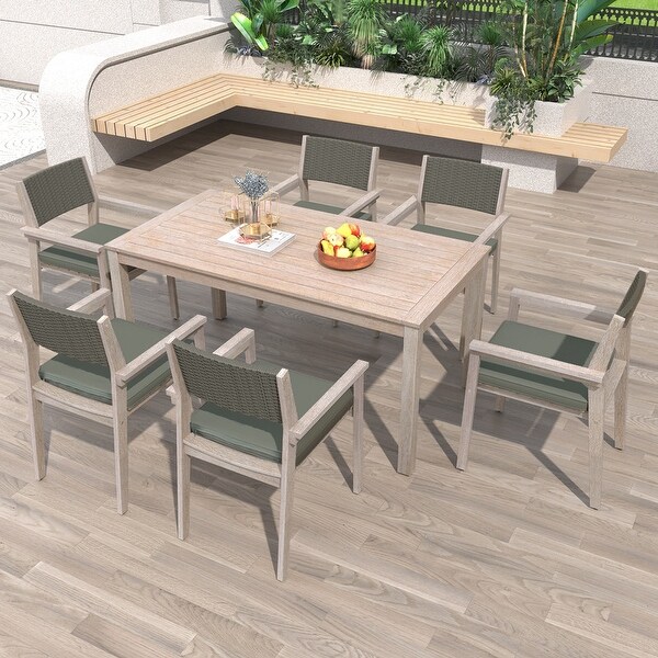 7Piece White Washed Outdoor Dining Set,with Rattan Backrest and Removable Cushions