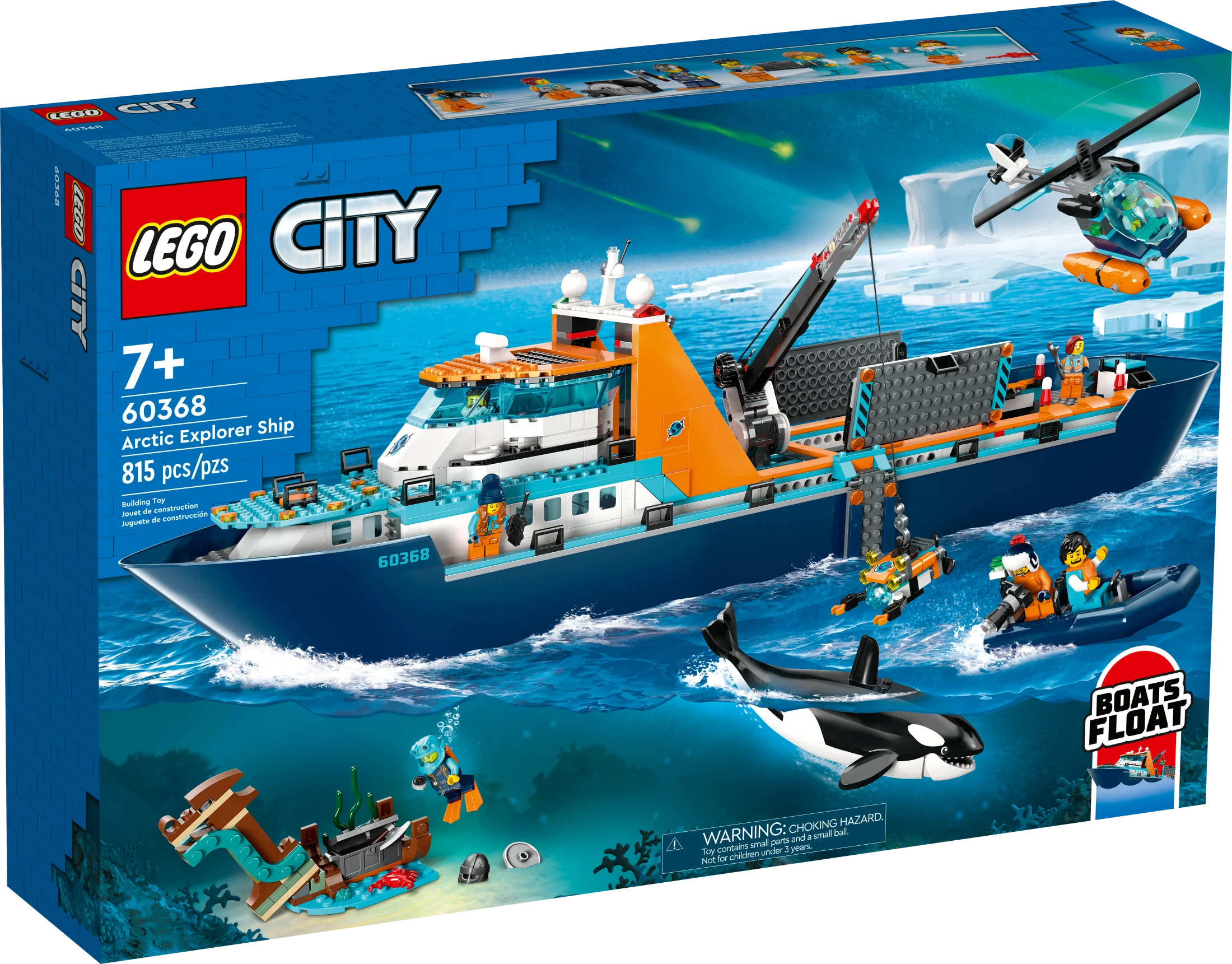 LEGO City Arctic Explorer Ship 60368 Building Toy Set, Fun Toy Gift for 7 year old Boys and Girls, with a Floatable Boat, Helicopter, Dinghy, ROV Sub, Viking Shipwreck, 7 Minifigures and an Orca