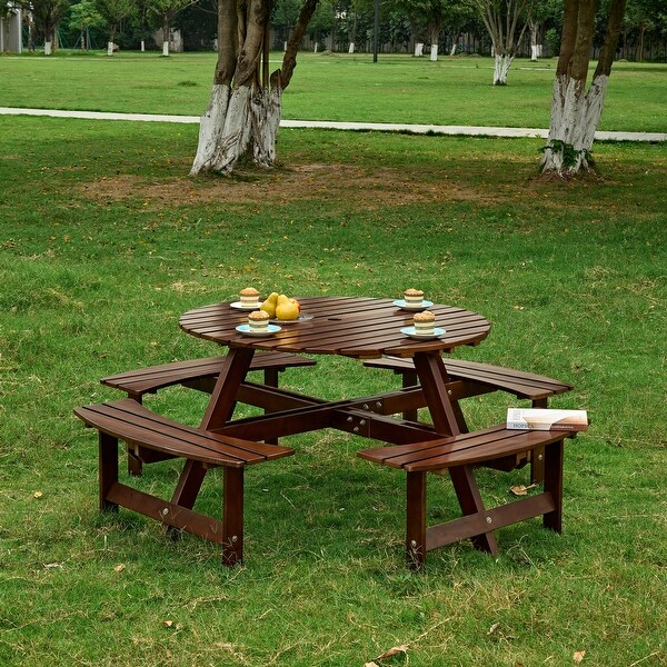 Outdoor 8 Person Picnic Table with 4 Builtin Benches,Umbrella Hole,Outside Table and Bench Set