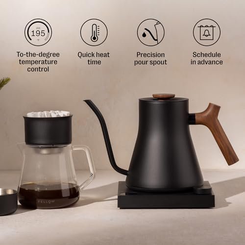Electric Gooseneck Kettle – Pour-Over Coffee and Tea, Quick Heating, Precise Temperature Control, Scheduling, Built-in Brew Timer, Matte Black with Walnut Wood Handle, 0.9 Liter