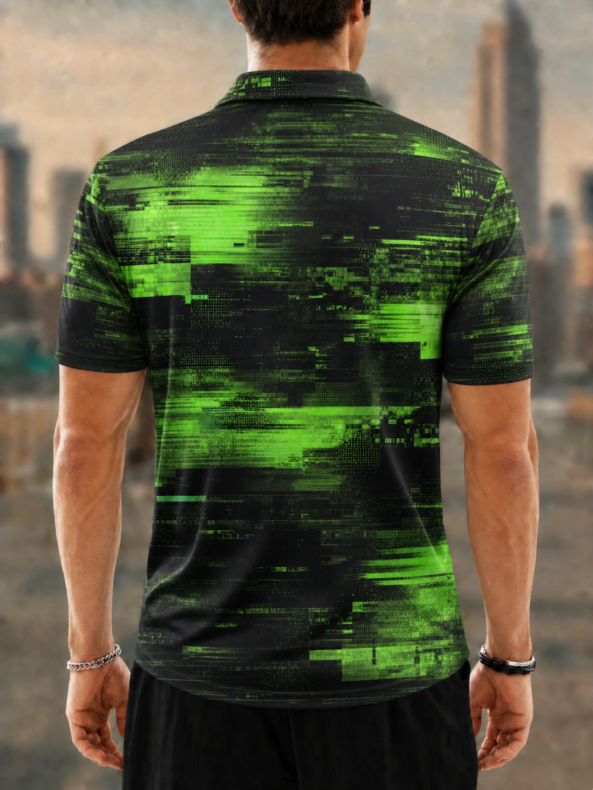Men's Green Digital Glitch Printed Golf Polo Shirt
