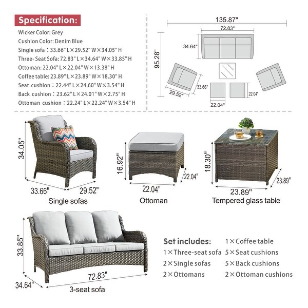 OVIOS 6piece Conversation Wicker Sectional Set with Table