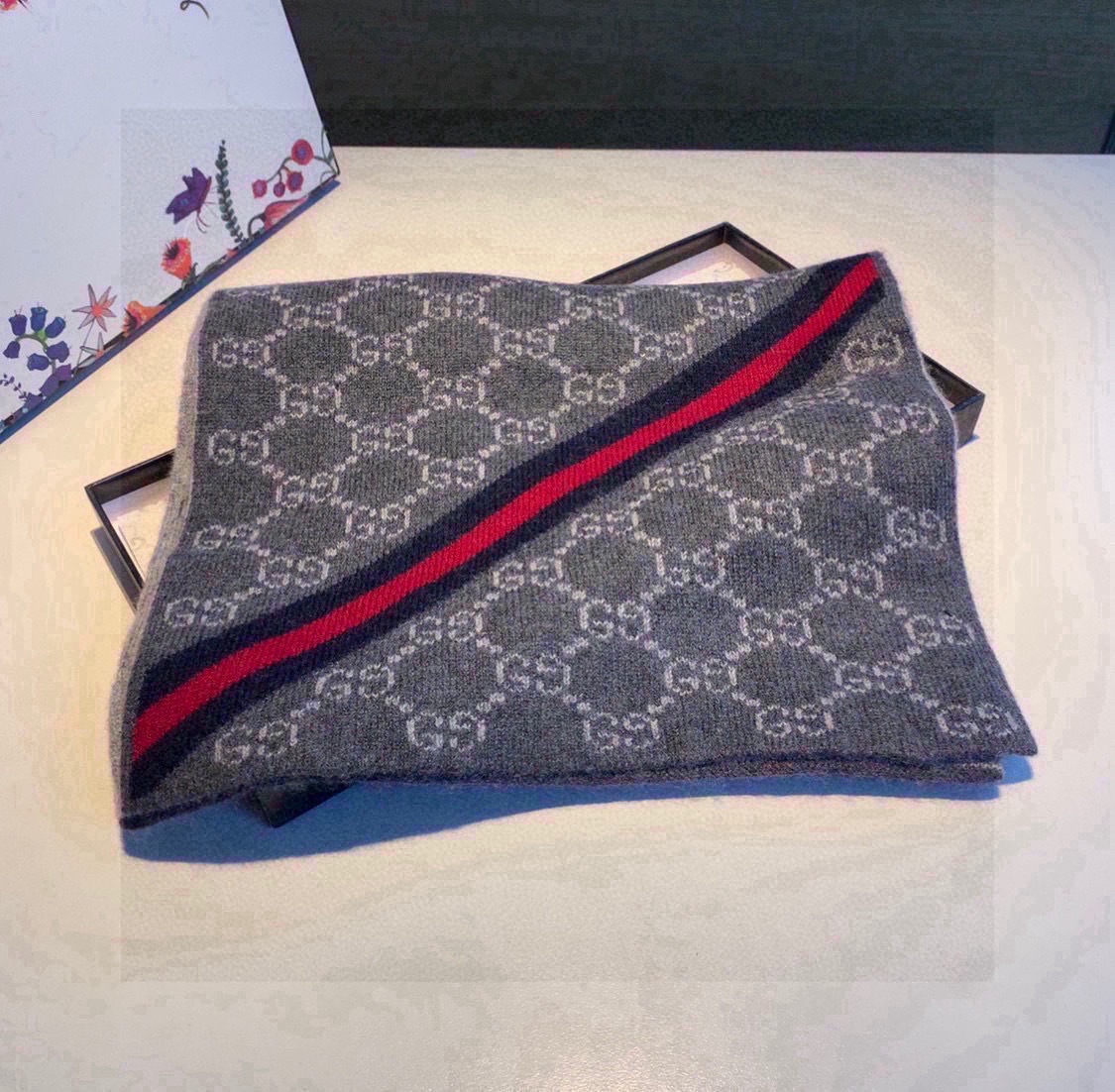 Gucci Cashmere Scarf GG Monogram Stripe Grey For Women 180cm