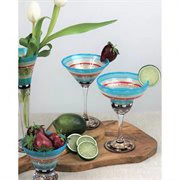 Crafted Creations Set of 2 Blue Mosaic Carnival Confetti Hand Painted Martini Drinking Glasses 7