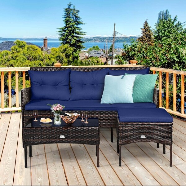 Costway 3PCS Patio Rattan Furniture Set 3Seat Sofa Cushioned Table
