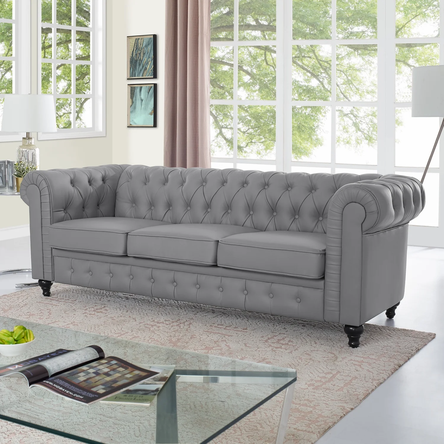 Emery Chesterfield Sofa, Luxurious Comfort for Cozy Living Rooms, Mid-Century Modern couch, Elegance & Serenity, 3-Seater Sofa Couch for Small Space, Bedroom, Apartment, Gray, PU