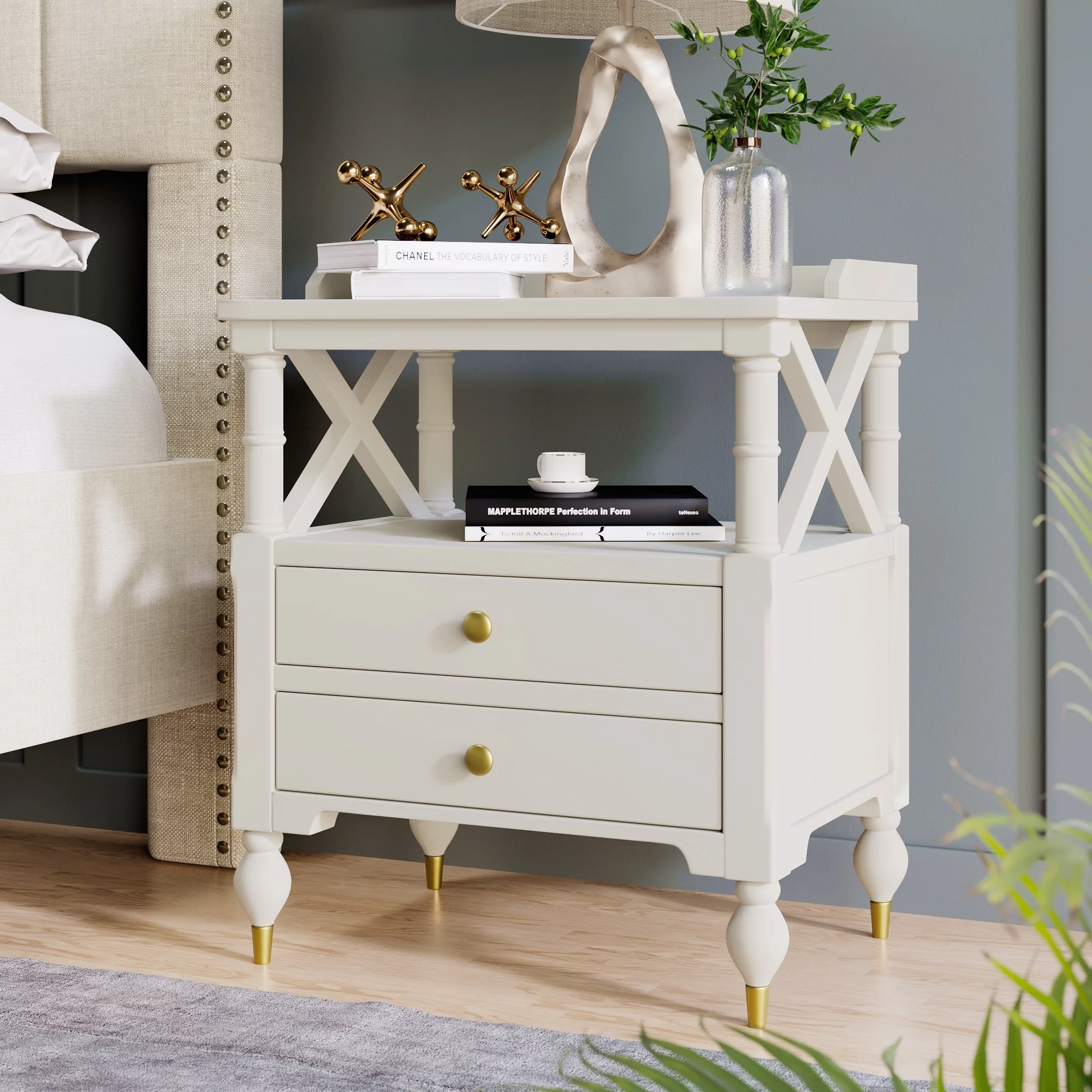Siavonce Modern 2 Drawer Nightstand End Table Cherry