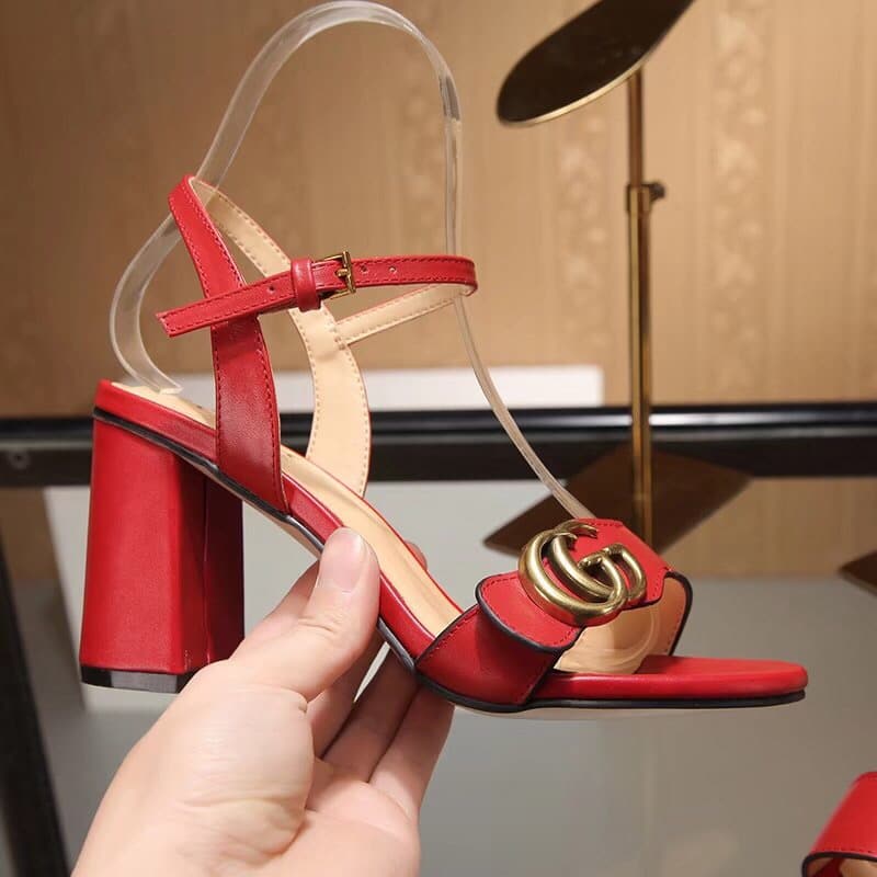 Gucci Double G Leather Mid Heel Sandal Red ?453379 A3N00