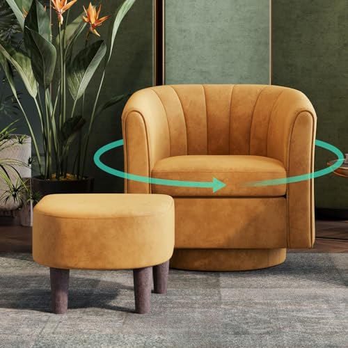 LINSY Swivel Accent Chair, Velvet Small Barrel Chair with Ottoman, 360 Degree Swivel Armchair for Living Room Bedroom Nursery Office (Yellow)