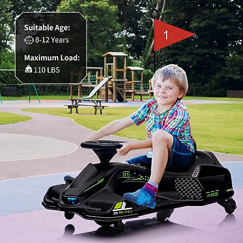 24V Kids Ride on Drift Car for Kids, Electric Drifting Go-Kart Up to 7.5 mph Variable Speed, Built-in Music,Colorful LED Light,USB,Low-Power Alarm (White, 24V)