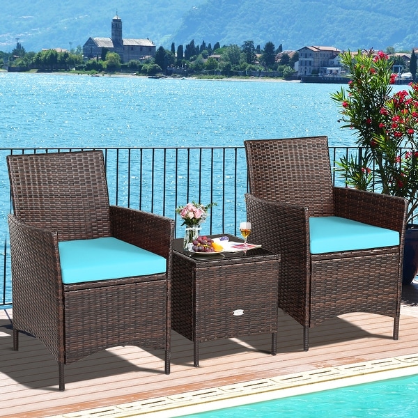 Costway 3PCS Patio Rattan Furniture Set Cushioned Sofa Glass Tabletop