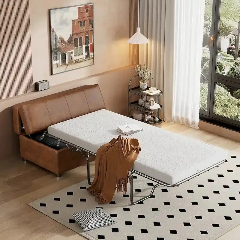 Twin-Fold Ottoman Sleeper Bed with Included Mattress – PU Leather Convertible Guest Sofa