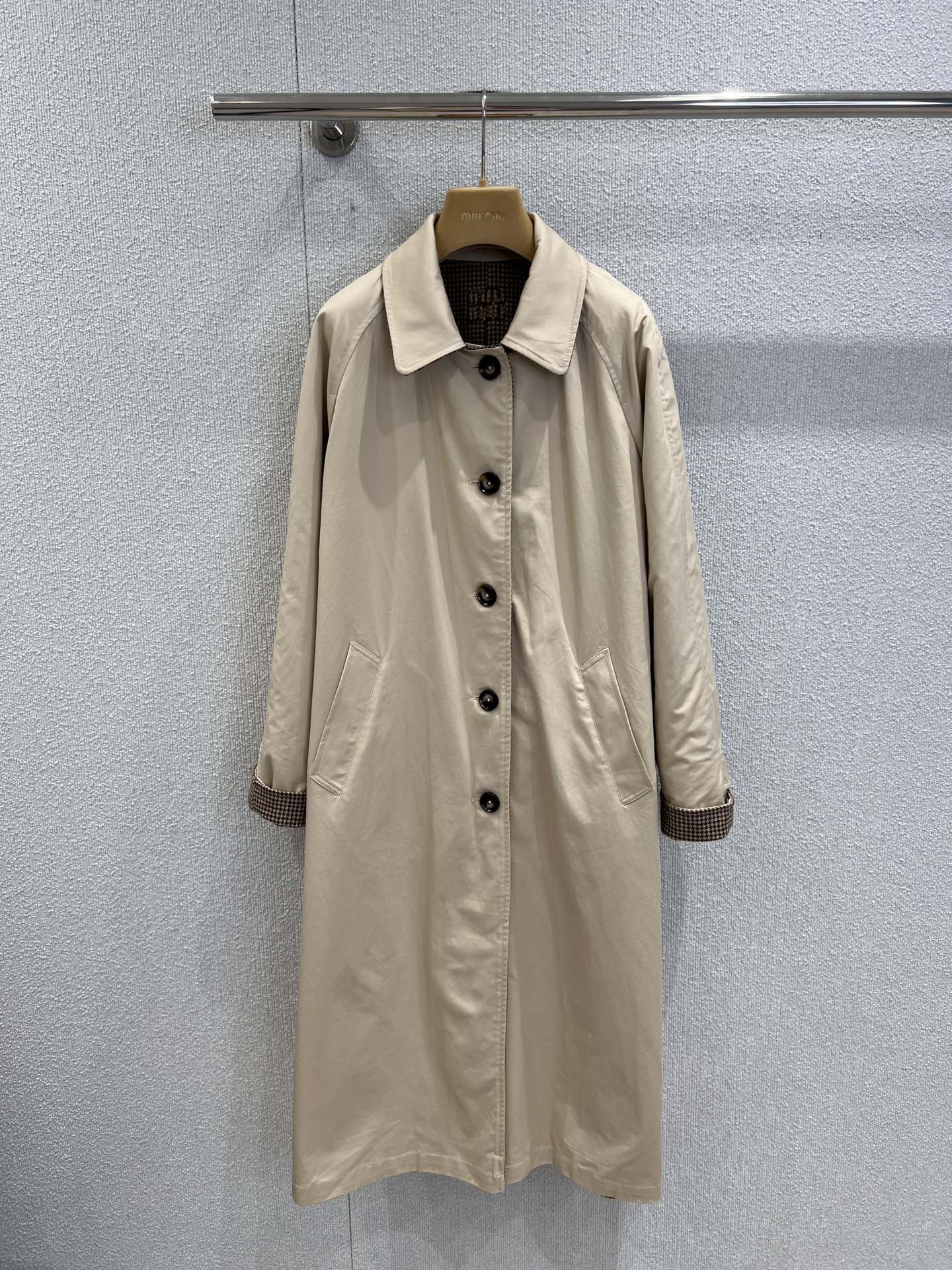 Miu Miu Reversible Single-Breasted Twill Houndstooth Long Trench Coat - cnluxepick