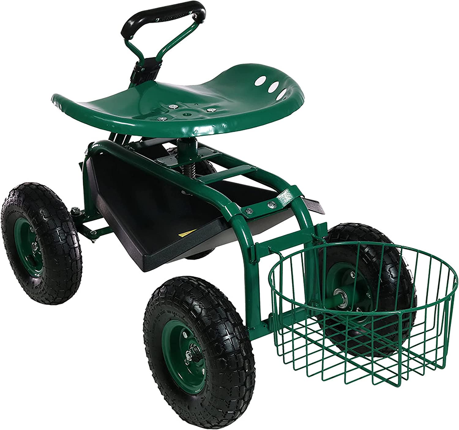 Sunnydaze Garden Cart Rolling Scooter with Extendable Steer Handle, Swivel Seat and Utility Tool Tray, Green