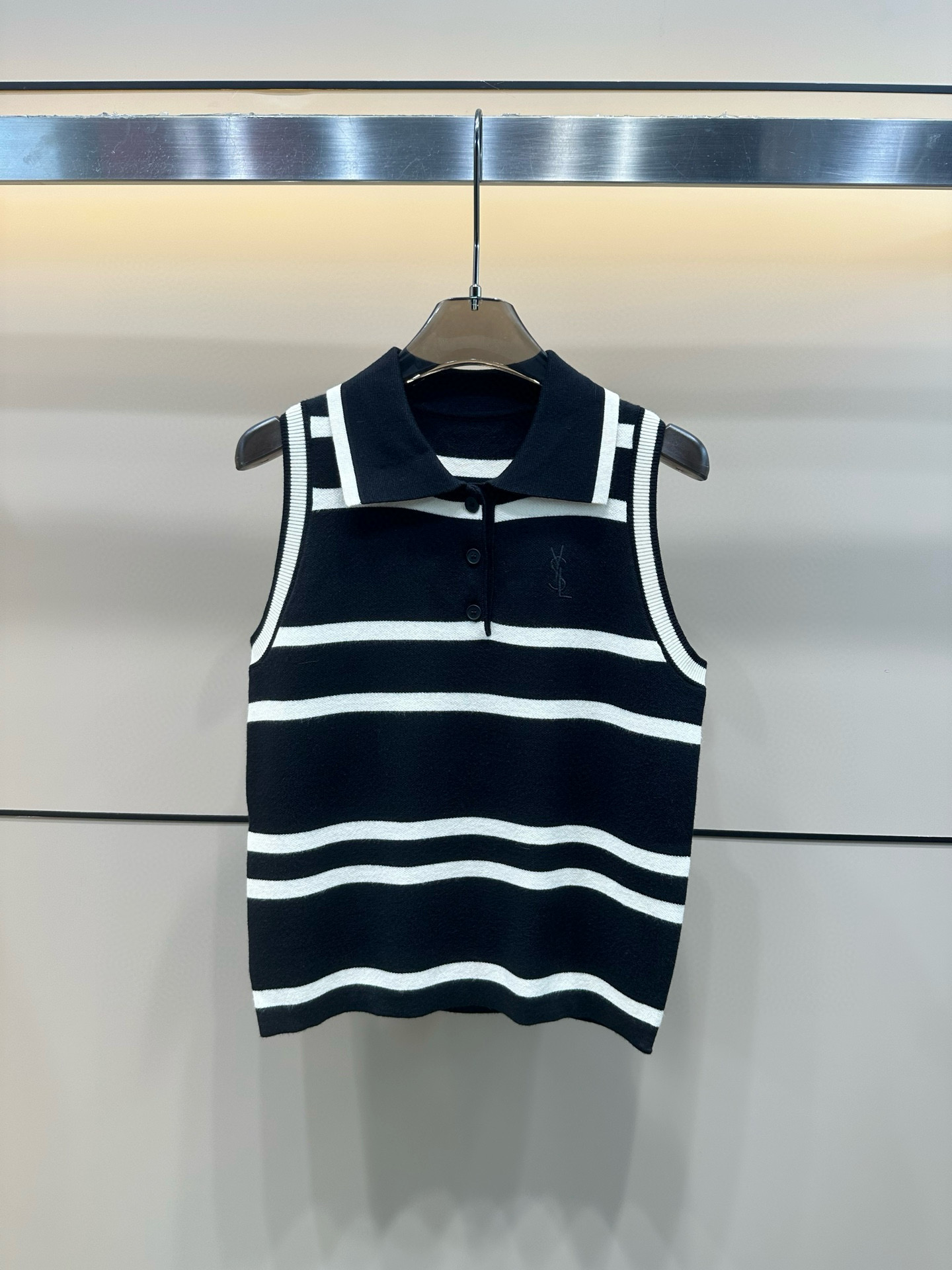 YSL letter embroidered striped lapel knitted vest - cnluxepick