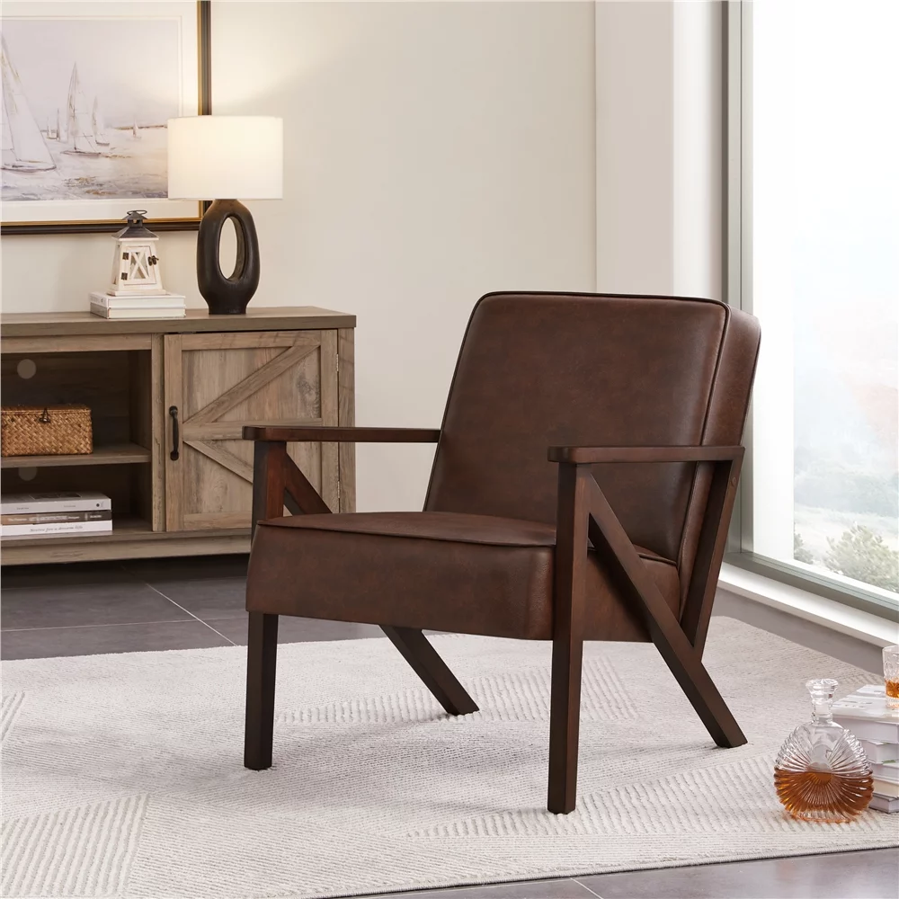 Easyfashion Faux Leather Armchair Chair for Living Room, Dark Brown