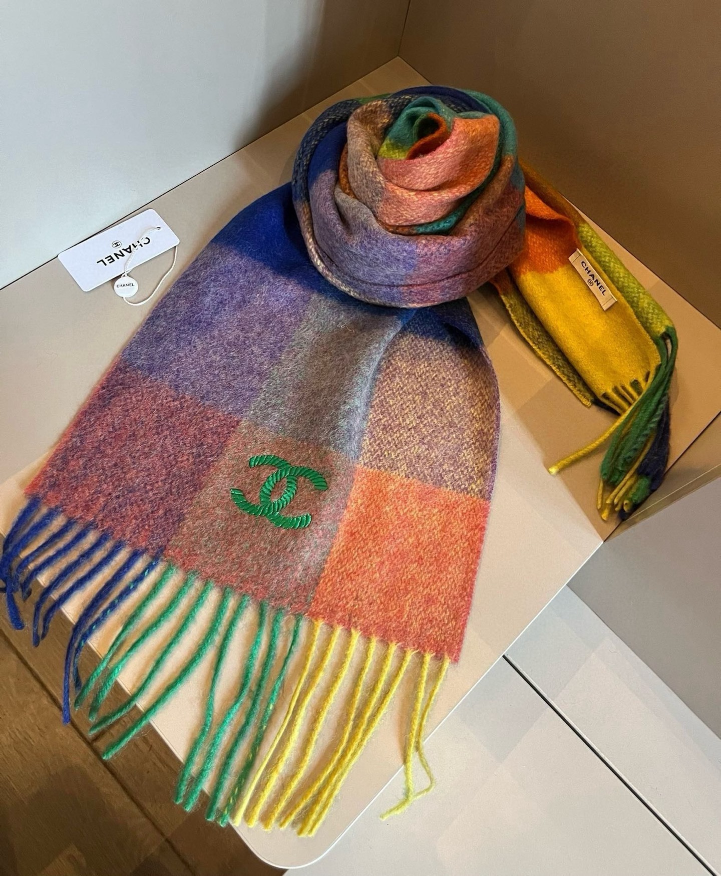 Chanel Cashmere Scarf Colorblock Multicolor For Women 200cm