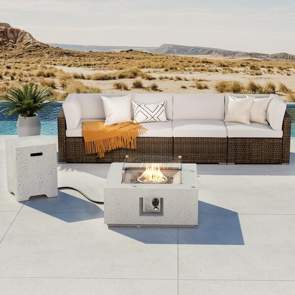COSIEST 5Pieces Outdoor Patio Wicker Furniture Set with Fire Pit Set