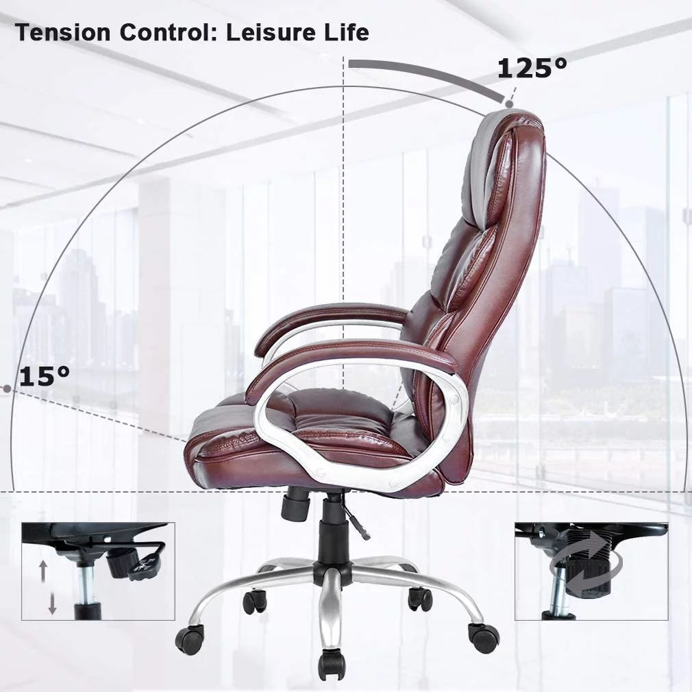 Dkeli Executive Office Chair Ergonomic Big and Tall Leather Computer Desk Chair High Density Sponge Seat with Padded Armrest,Lumbar Support and Headrest, Brown