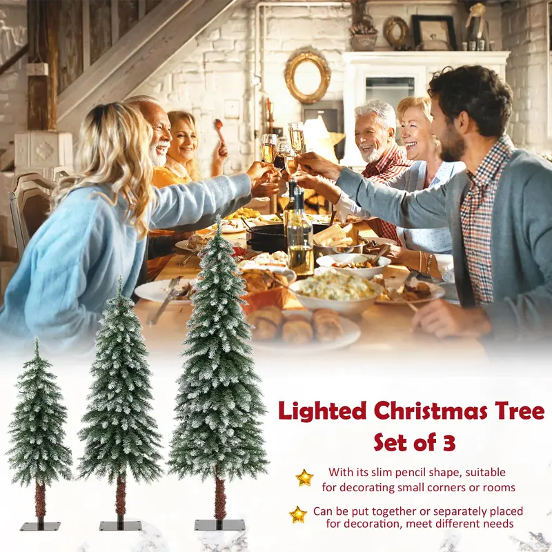 Slim Pre-Lit Pencil Christmas Tree Set – Available in 3′, 4′, and 5′ Heights with Snow-Flecked Foliage