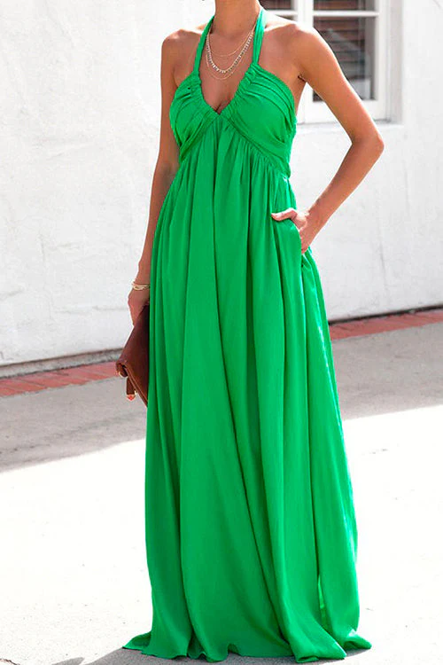Deep V Halter Maxi Dress with PocketsClistos
