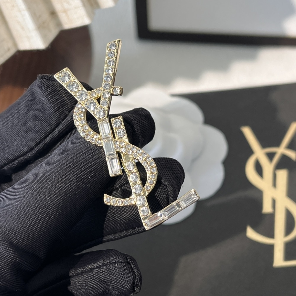 Saint Laurent Ysl Brooch Gold With Stone