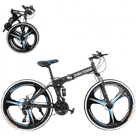 26 Inch 21 Speed Folding Mountain Bike, Portable Non-Slip Adult Mountain Bikes with Full Suspension & Dual Disc Brakes, High-Carbon Steel Folding Mountain Bike for Men/Women