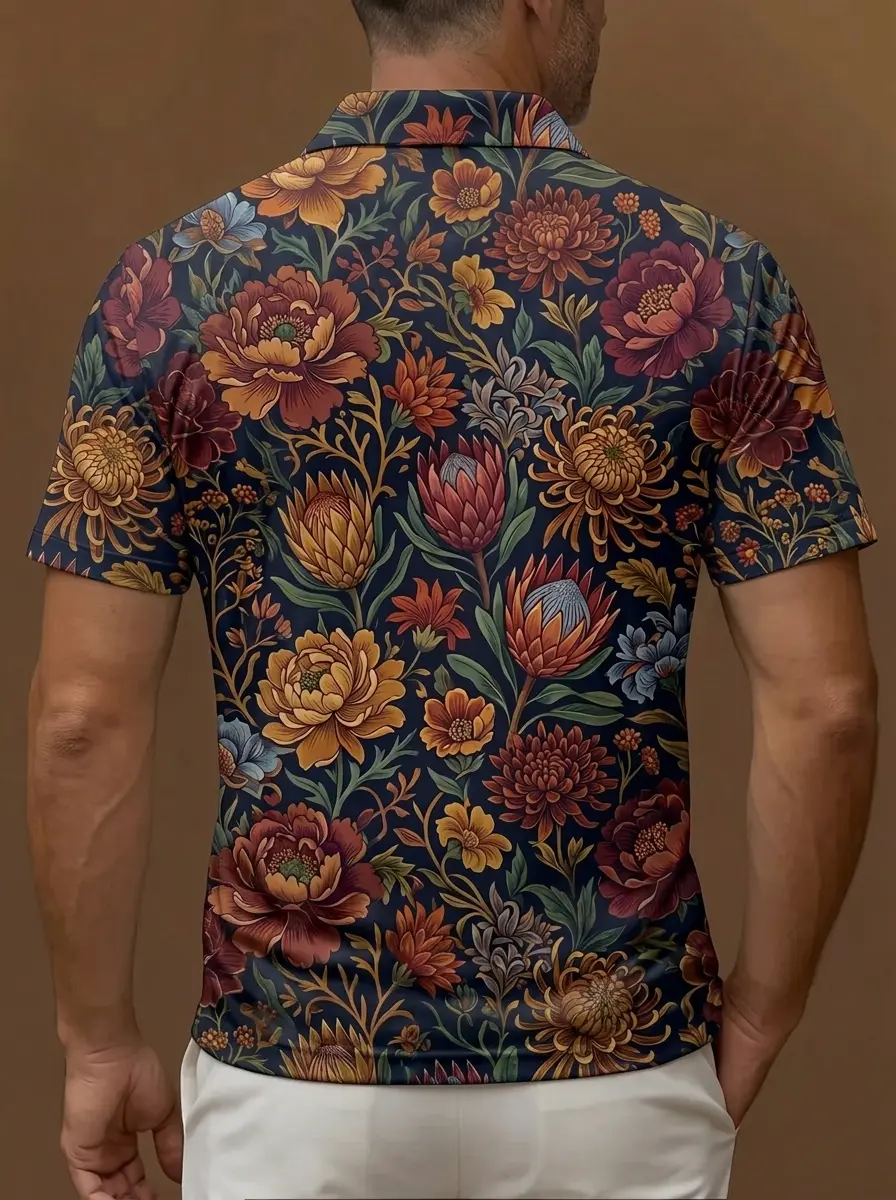 Navy Blue Vintage Protea Floral Print Short Sleeve Golf Polo Shirt