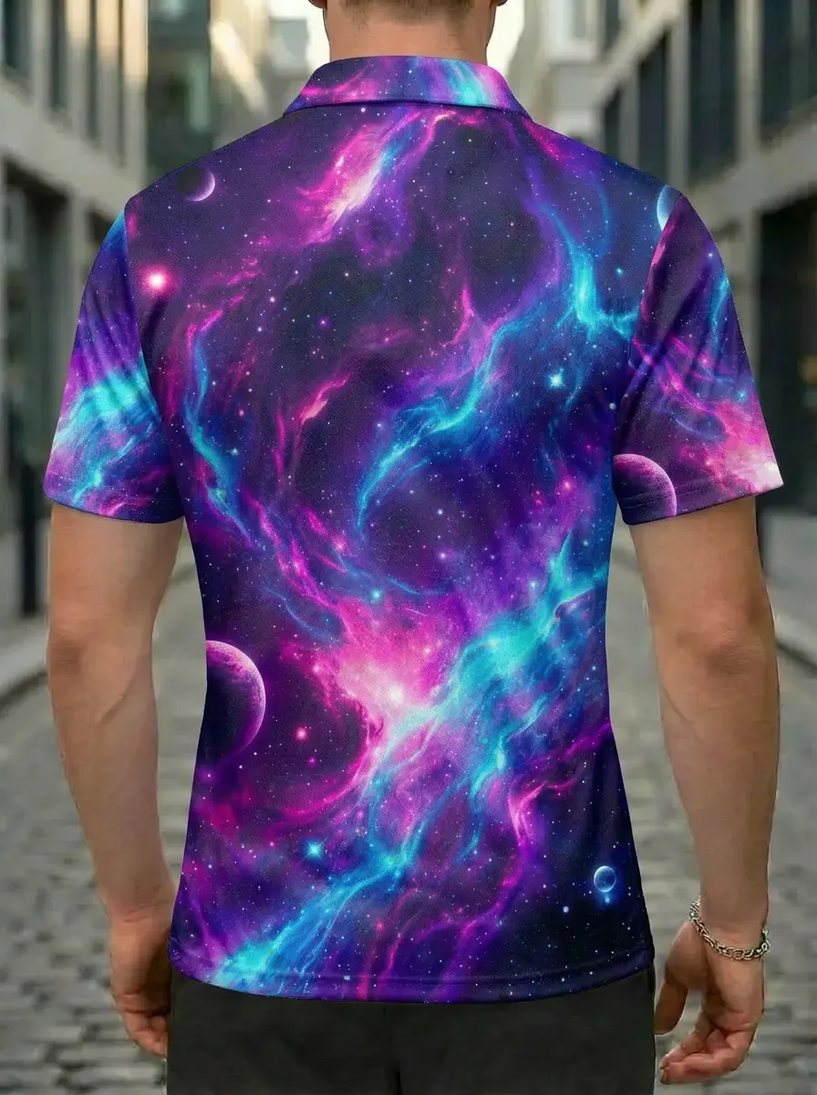 Moisture Wicking Golf Polo 3D Purple Pink Blue Nebula Galaxy Button Short Sleeve Golf Polo Shirt