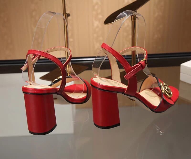 Gucci Double G Leather Mid Heel Sandal Red ?453379 A3N00