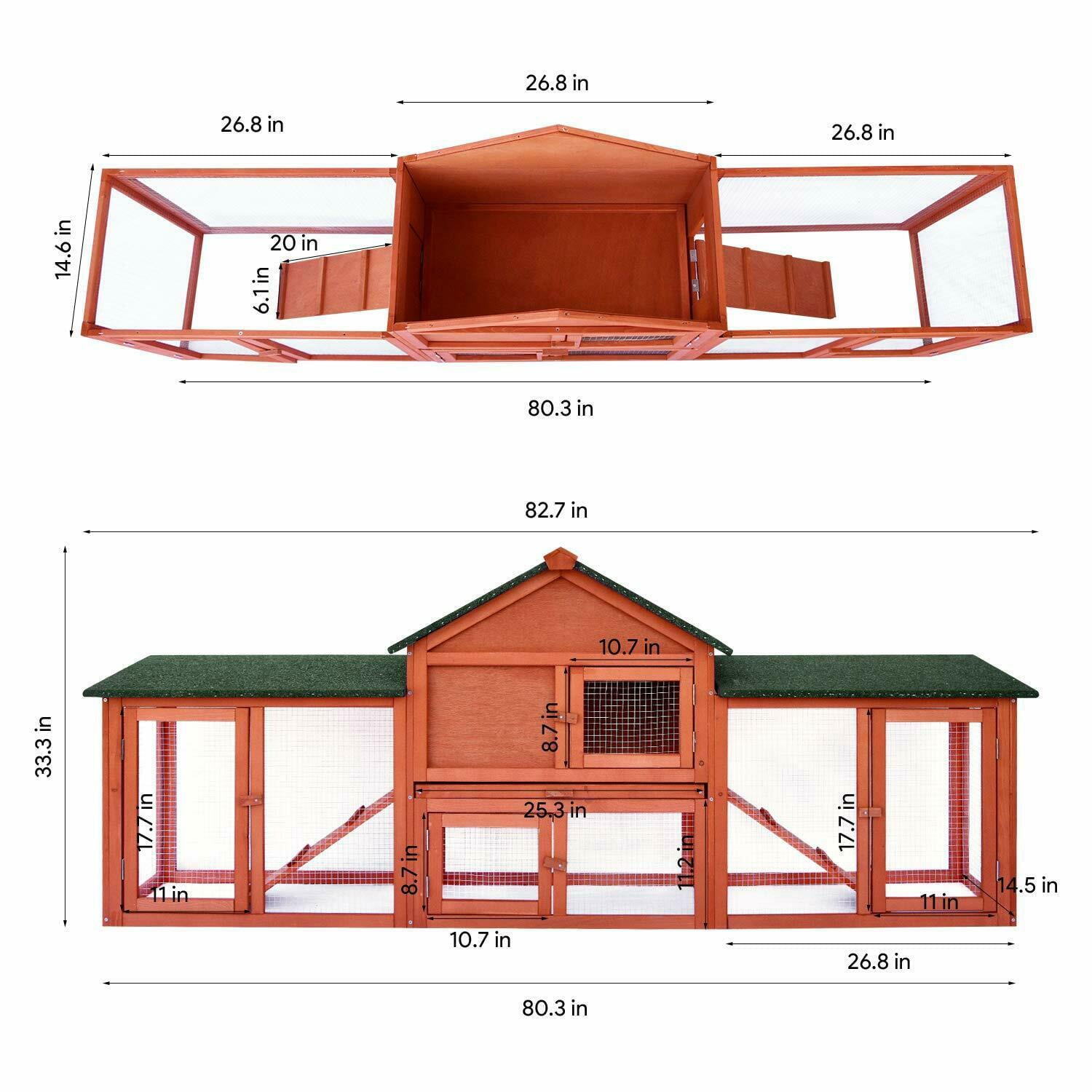 streakboard 83” Large Rabbit Hutch Backyard Wooden Chicken Coop Bunny Poultry Cage W/ Ramp