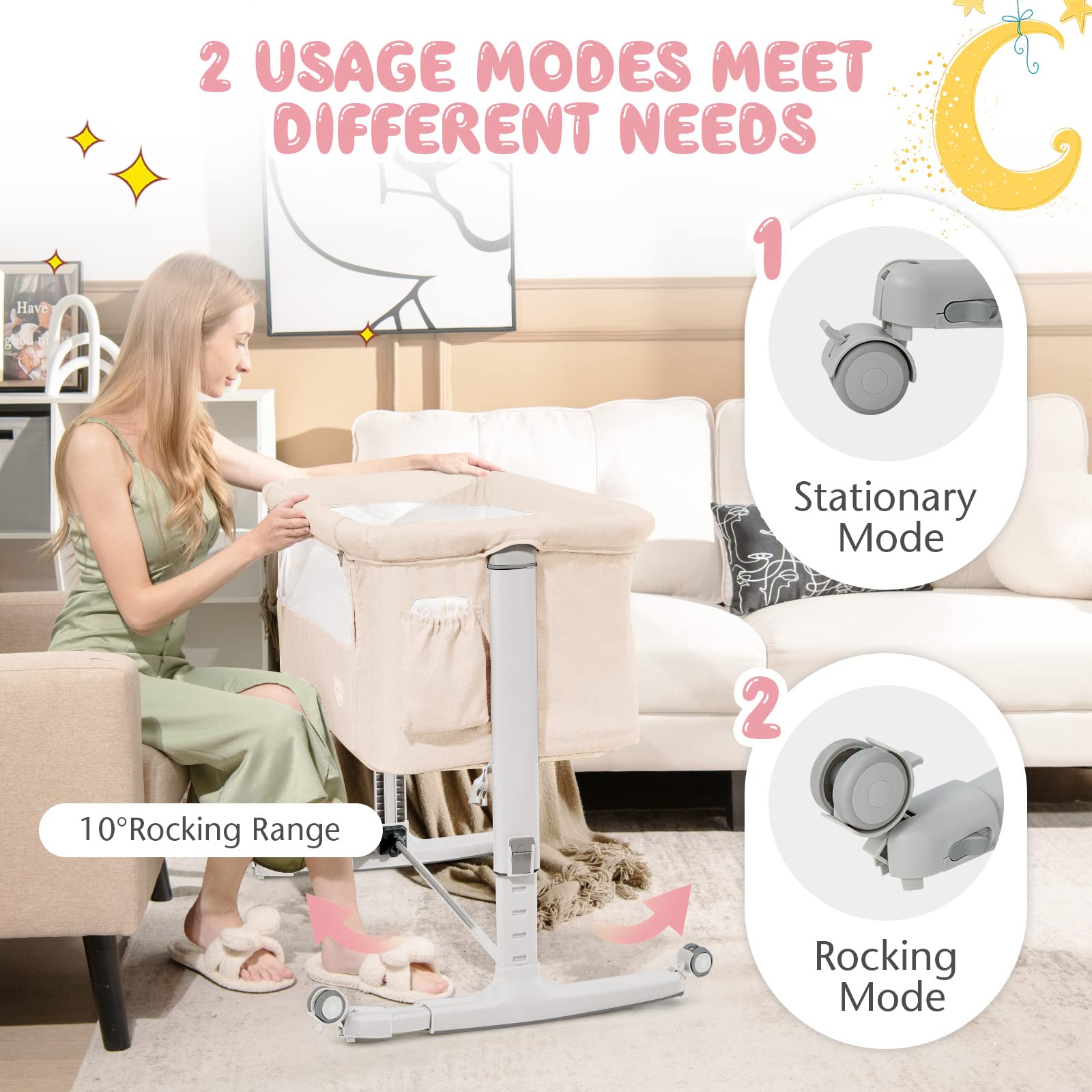 BABY JOY Bassinet Bedside Sleeper, 3 in 1 Folding Crib w/Adjustable Height, Mattress, Lockable Wheels, Storage Pocket & Carry Bag for Infant Newborn, Stationary & Rock, Portable Baby Bassinet (Beige)