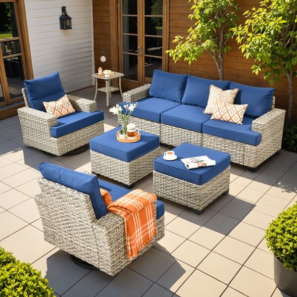 OVIOS 8 Pieces T shaped Seat Wide Armrest Swivel Chair Set With Ottoman