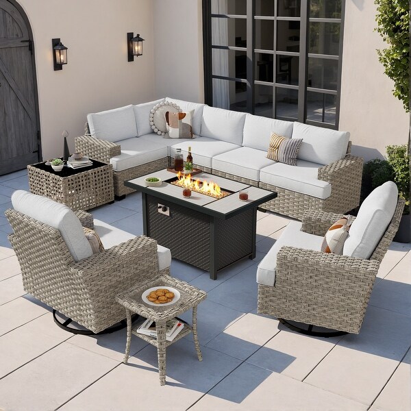 OVIOS 10 Pieces T shaped Seat Wide Armrest Swivel Chair Set With SolarPowered TableandFire Pit