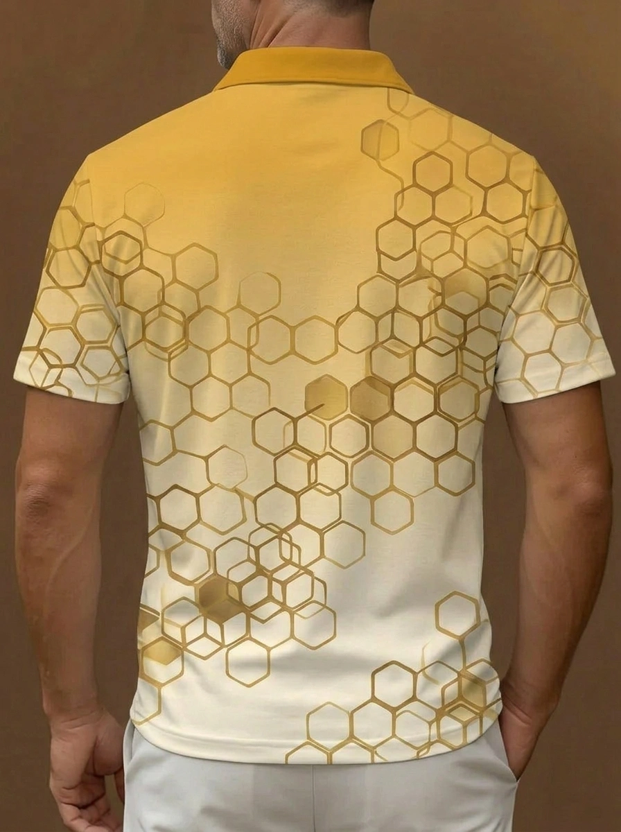 Yellow to White Gradient Honeycomb Pattern Short Sleeve Golf Polo Shirt