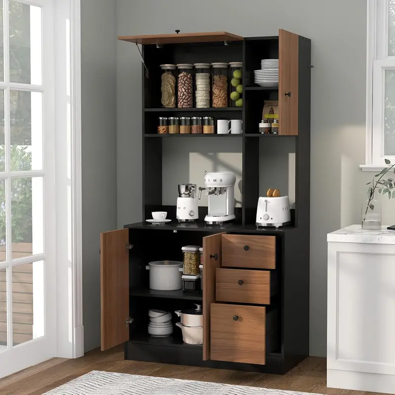 Walnut Kitchen Pantry Hutch – 71-Inch Tall Buffet with Drawers & Microwave Counter