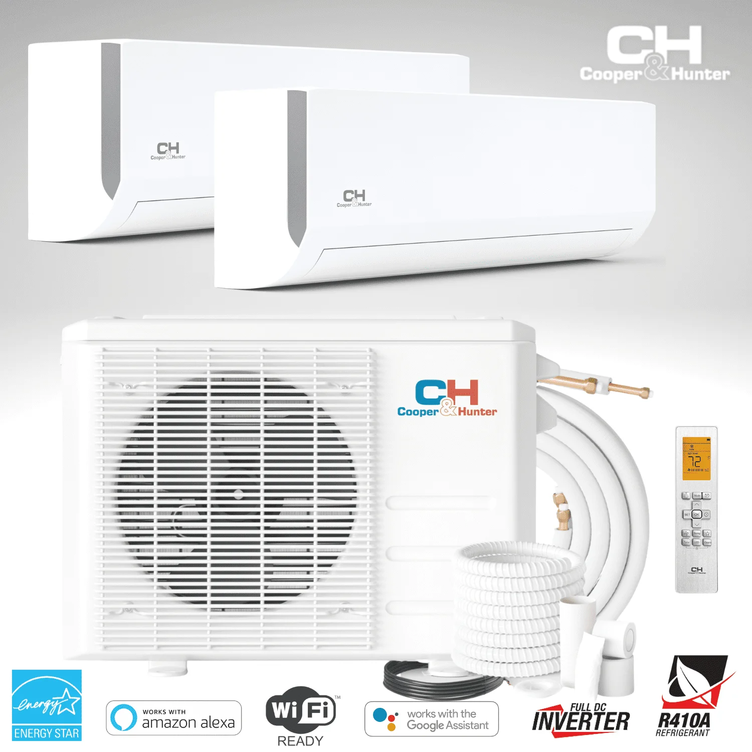 Cooper & Hunter 18000 230V Wall Mounted Dual 2 Zone Mini Split Heat Pump Air Conditioner 12K + 12K BTU Cover 1100 Sq Ft WiFi