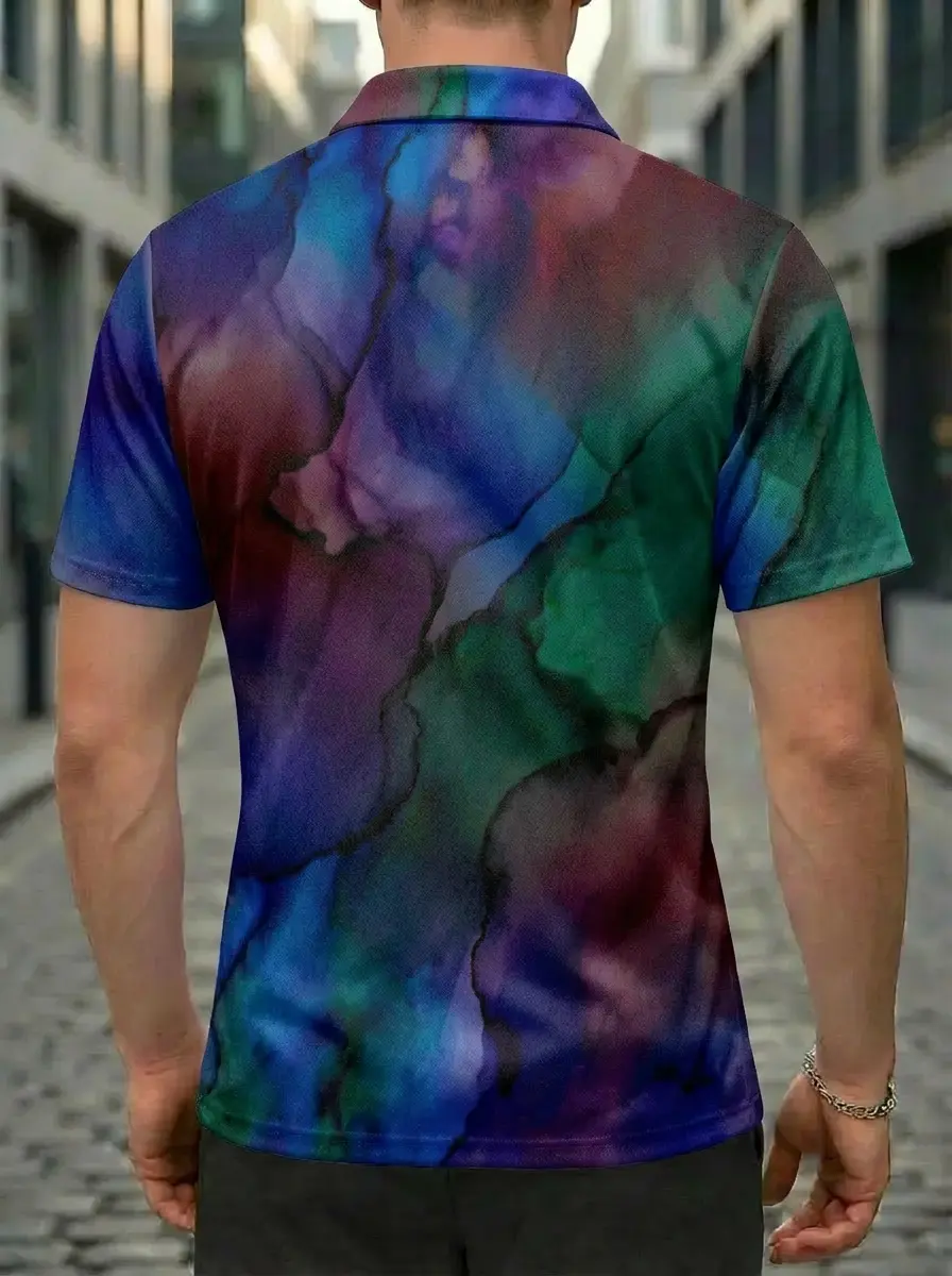 Moisture Wicking Golf Polo 3D Blue Green Purple Watercolor Button Short Sleeve Golf Polo Shirt