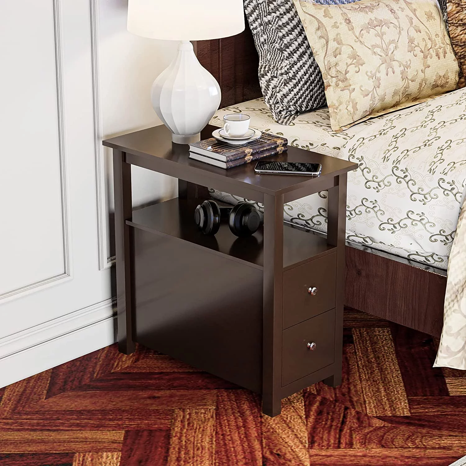 Side Table Set of 2 Chairside Table Narrow End Table with  Shelf and Drawers Small End Table for Bedroom Living Room Kitchen Wood Espresso