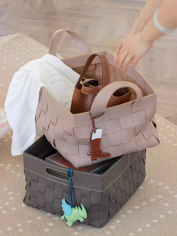 DC036 - Home Decor BV classic woven storage basket, saddle leather, elephant gray, teak pink, high-value dirty clothes basket