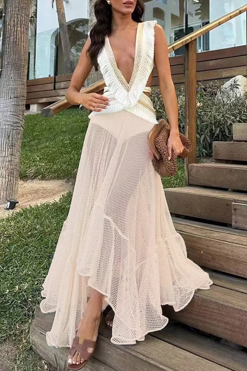 Cut-Out Fringe Maxi Dress | Plunging V-Neck Resort WearClistos