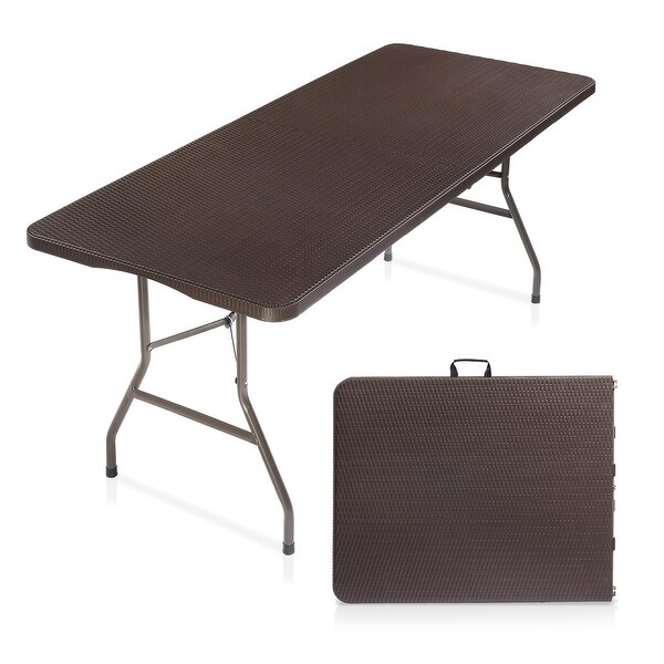 6 Foot Plastic Folding Table Portable Long Table for Indoor Outdoor Use with Carrying Handle,Rattan Patterned HDPE Tabletop